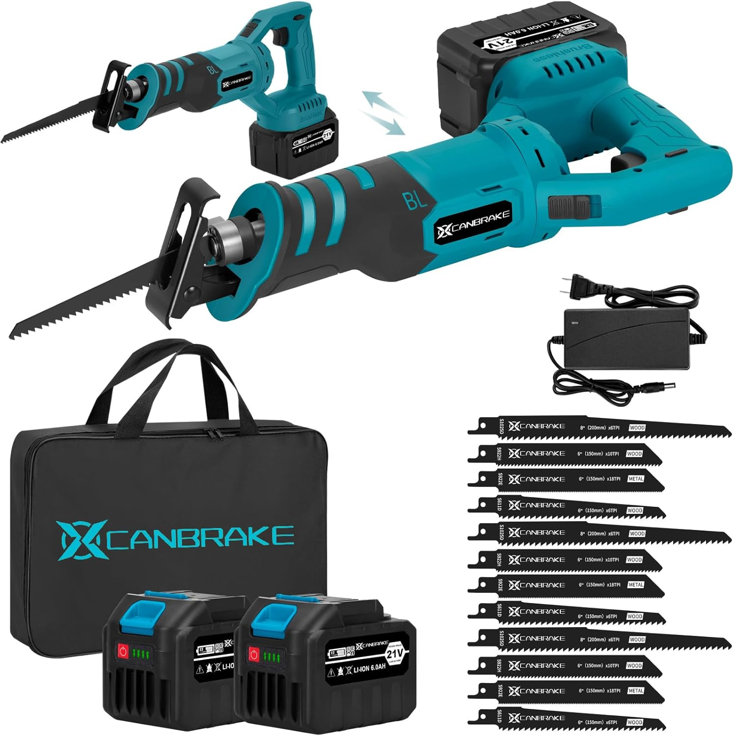 Cordless Reciprocating Saw with 2 Batteries & 12 Blades for Wood/Metal/PVC