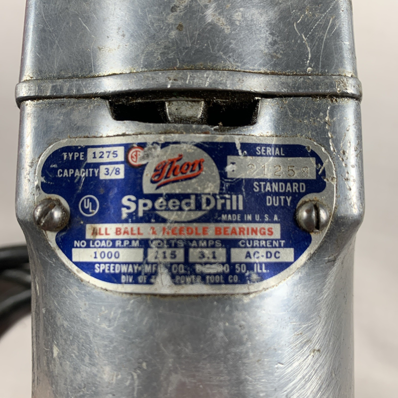 Vintage Thor 1275 3/8&Prime; Electric Speed Drill Jacobs Chuck 2B w/ Key Serial 21258