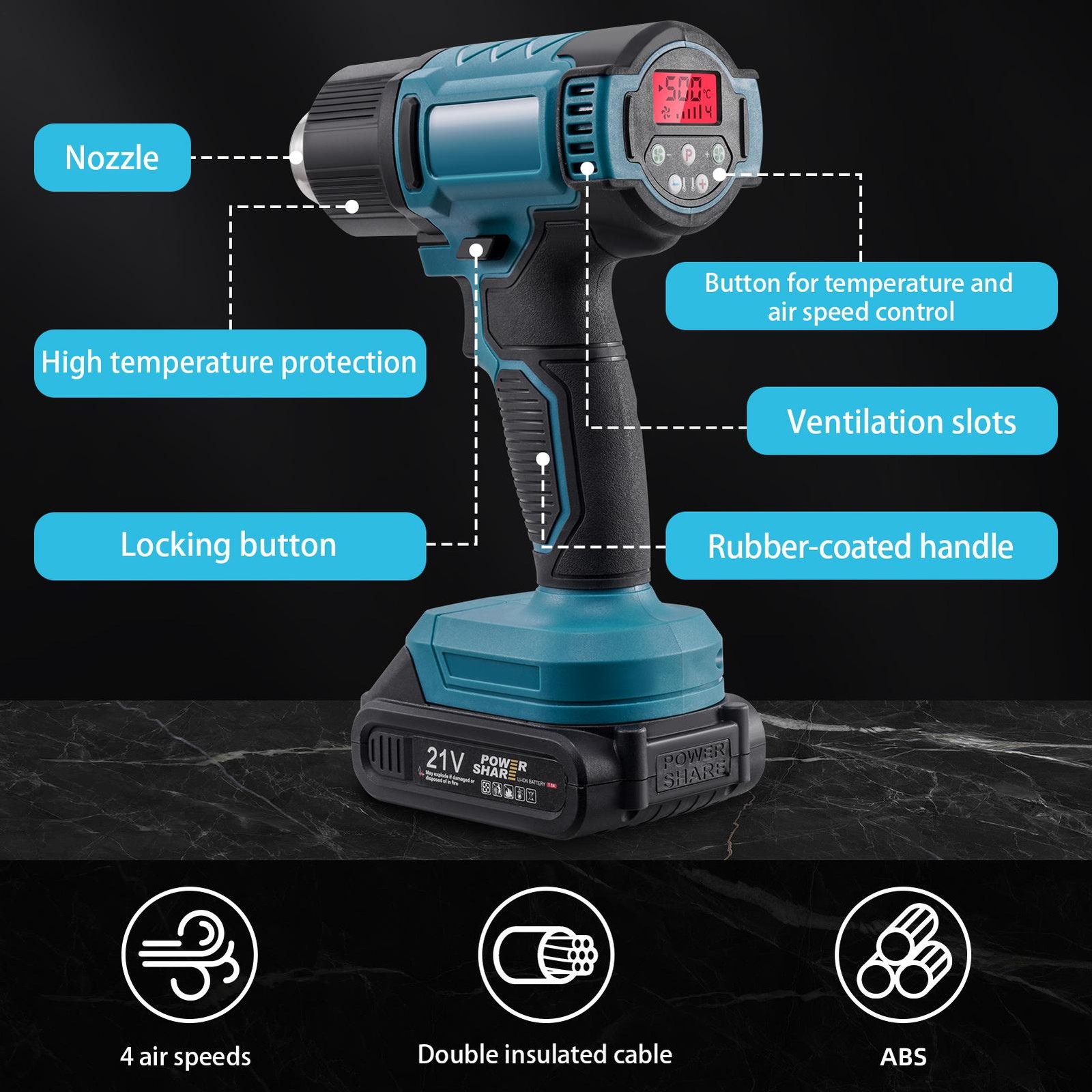 Heat Gun Hot Air Gun Wind Blower 4 gears High Power Tool 3 replaceable nozzles