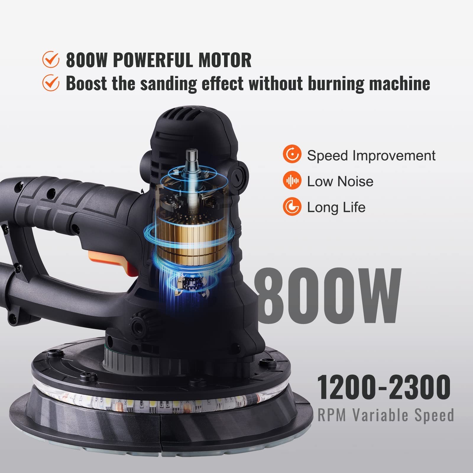 800W Electric Drywall Sander, Variable Speed 1200-2300 RPM, Dust Collection, LED