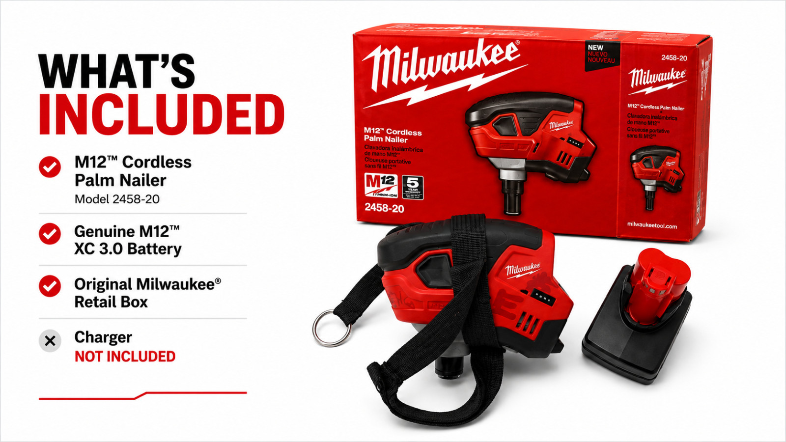 Milwaukee M12 2458-20 Cordless Palm Nailer w/ XC 3.0 Battery Tested No Charger