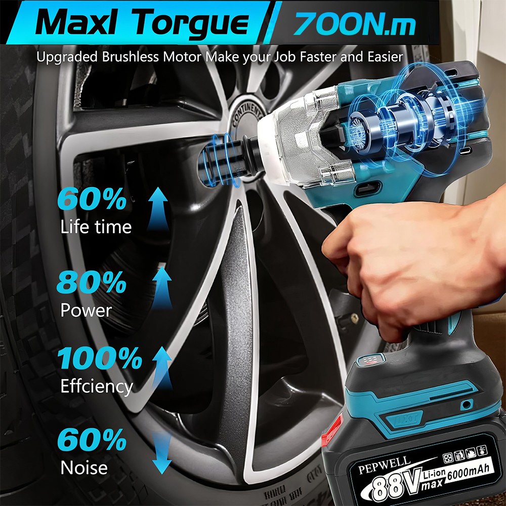 700Nm Cordless Impact Wrench Gun 1/2 » Brushless High Power Driver W/2*Battery