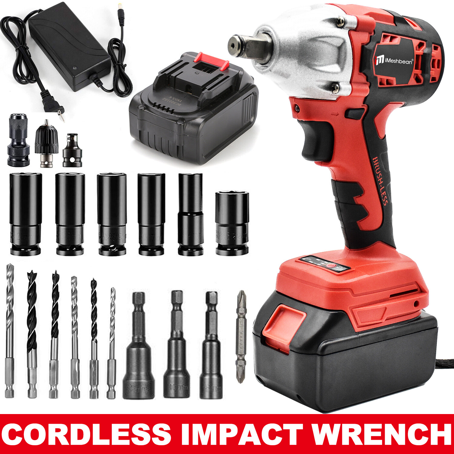 5-IN-1 21V Electric Cordless Impact Wrench Max 800Nm 1/2 » Drive Drill 2 Battery