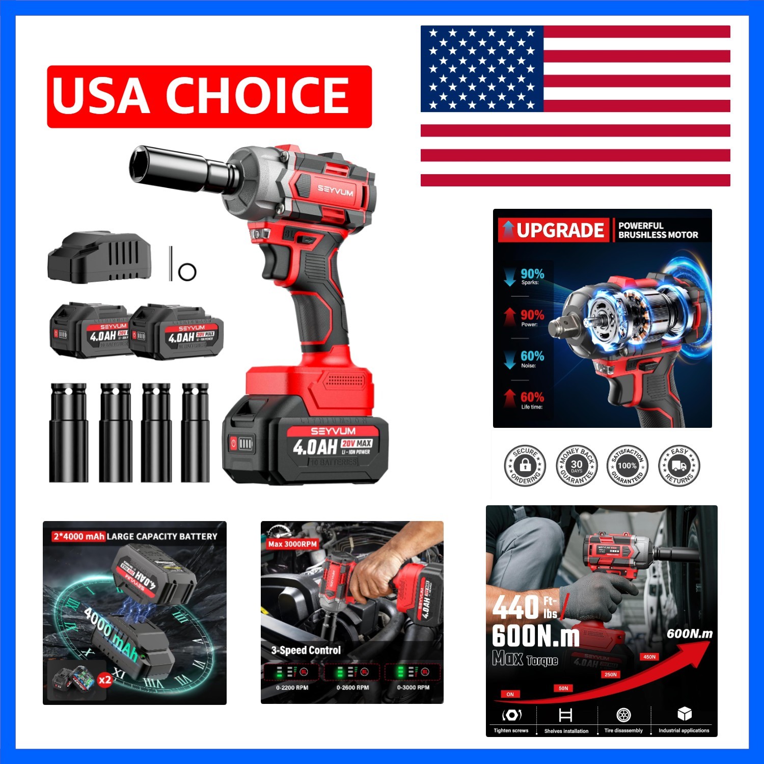 Cordless Impact Wrench, 1/2” Max Torque 440 Ft-lbs / 600 N.m Power Impact Gun…