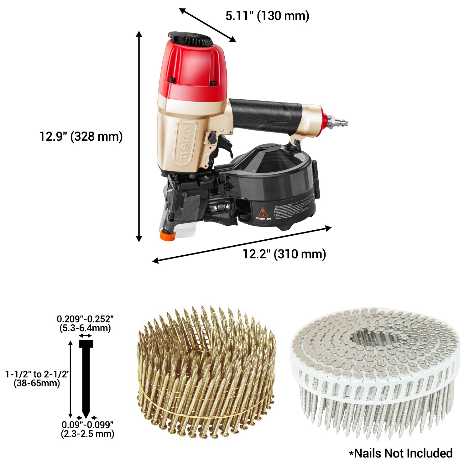 Meite 15/16-Degree 1-1/2 inch to 2-1/2 inch Pneumatic Coil Siding Nailer CN65S