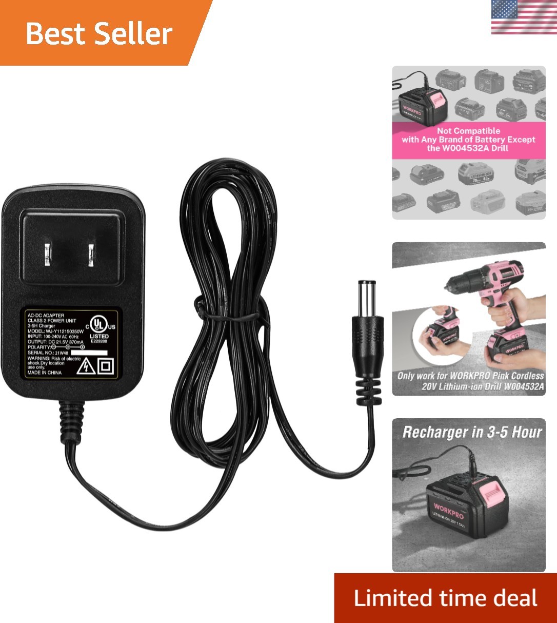 Replacement Charger Cord for Pink Cordless 20V Drill Model W004532A