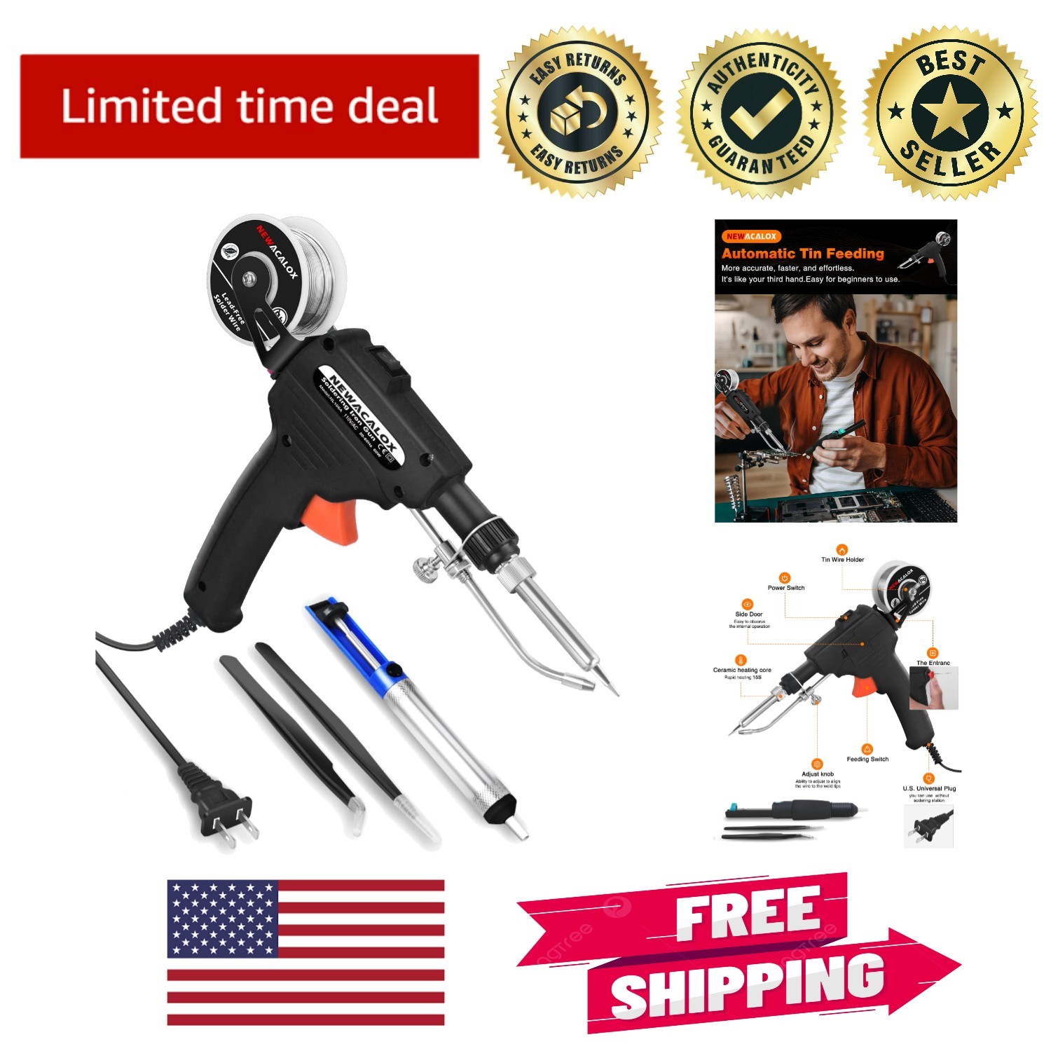 Automatic Soldering Gun Kit for Easy Electronics Repairs – 60 Watts