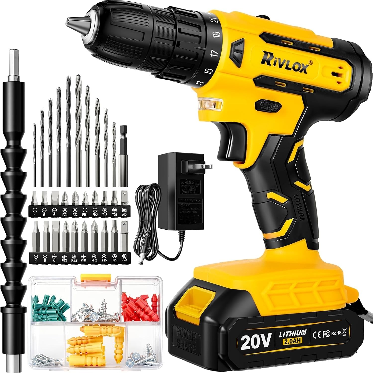 20V Cordless Drill Set,Electric Power Drill Cordless,Power Drill Drivers,Elec…