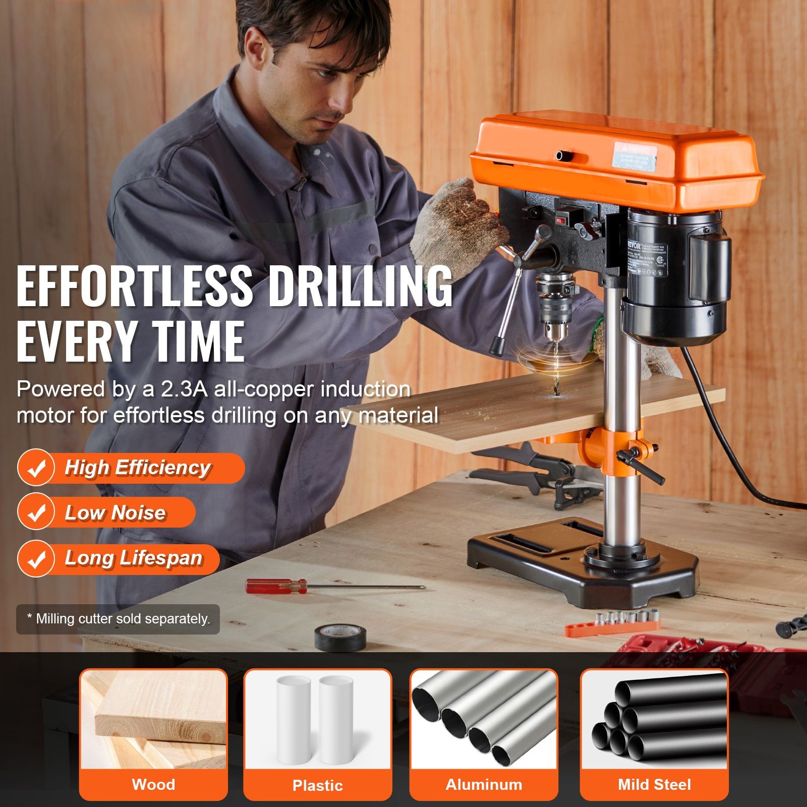 8in Benchtop Drill Press, 2.5A Motor, 5-Speed (620–3100 RPM), 45° Tilting Table