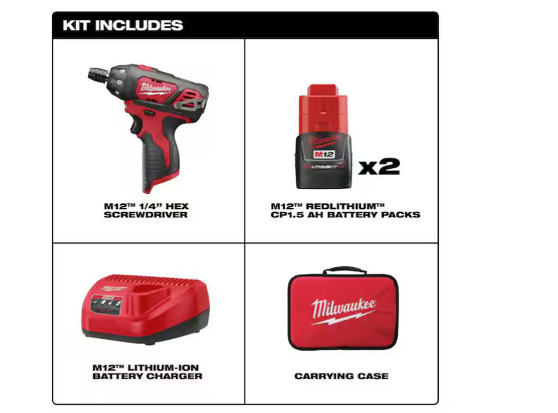 Milwaukee M12 12V Cordless 1/4 in. Hex Screwdriver Kit w Two 1.5A 2401-22