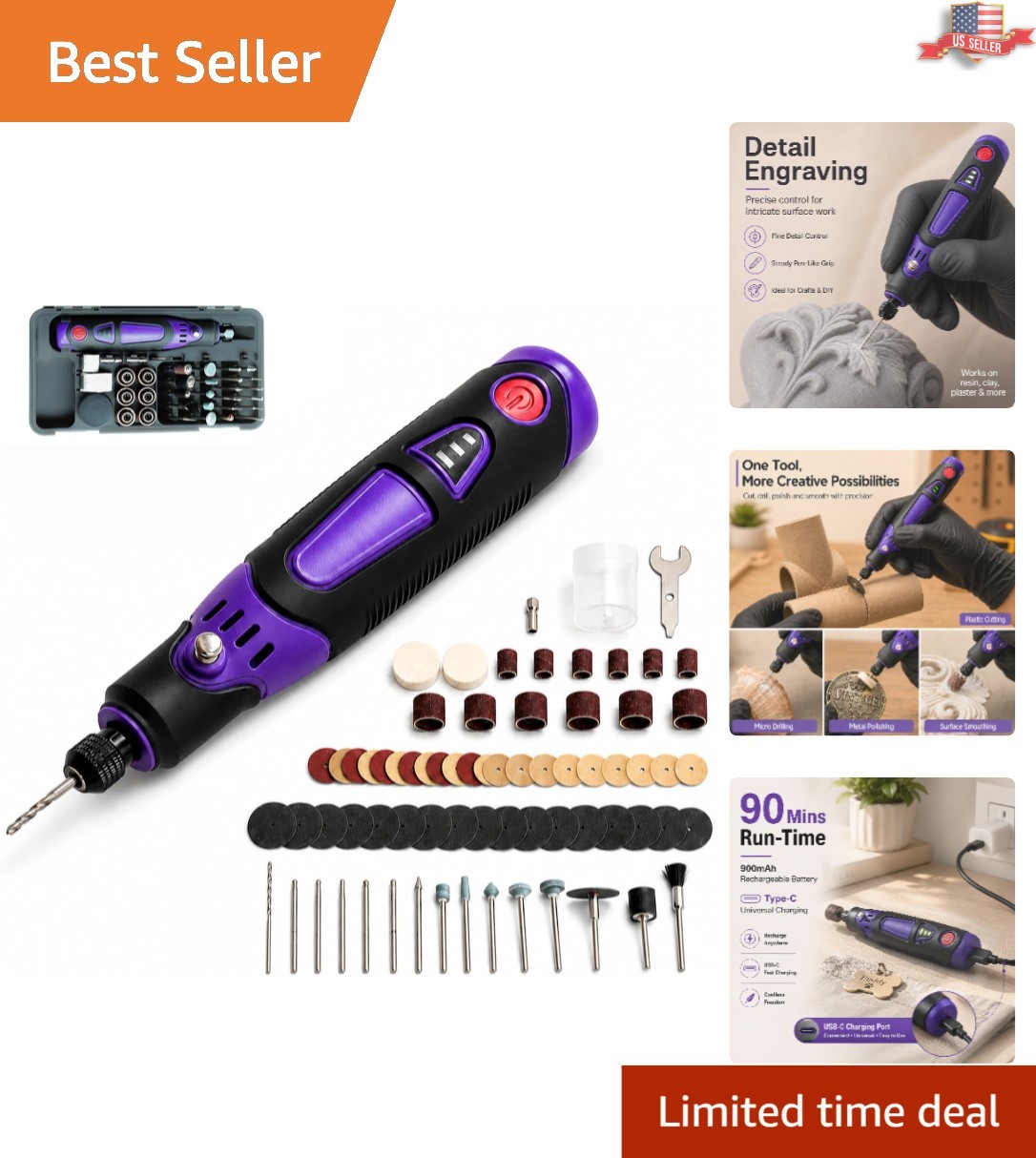 Versatile 82-Piece Cordless Rotary Tool with Type-C Charging and Ergonomic Grip