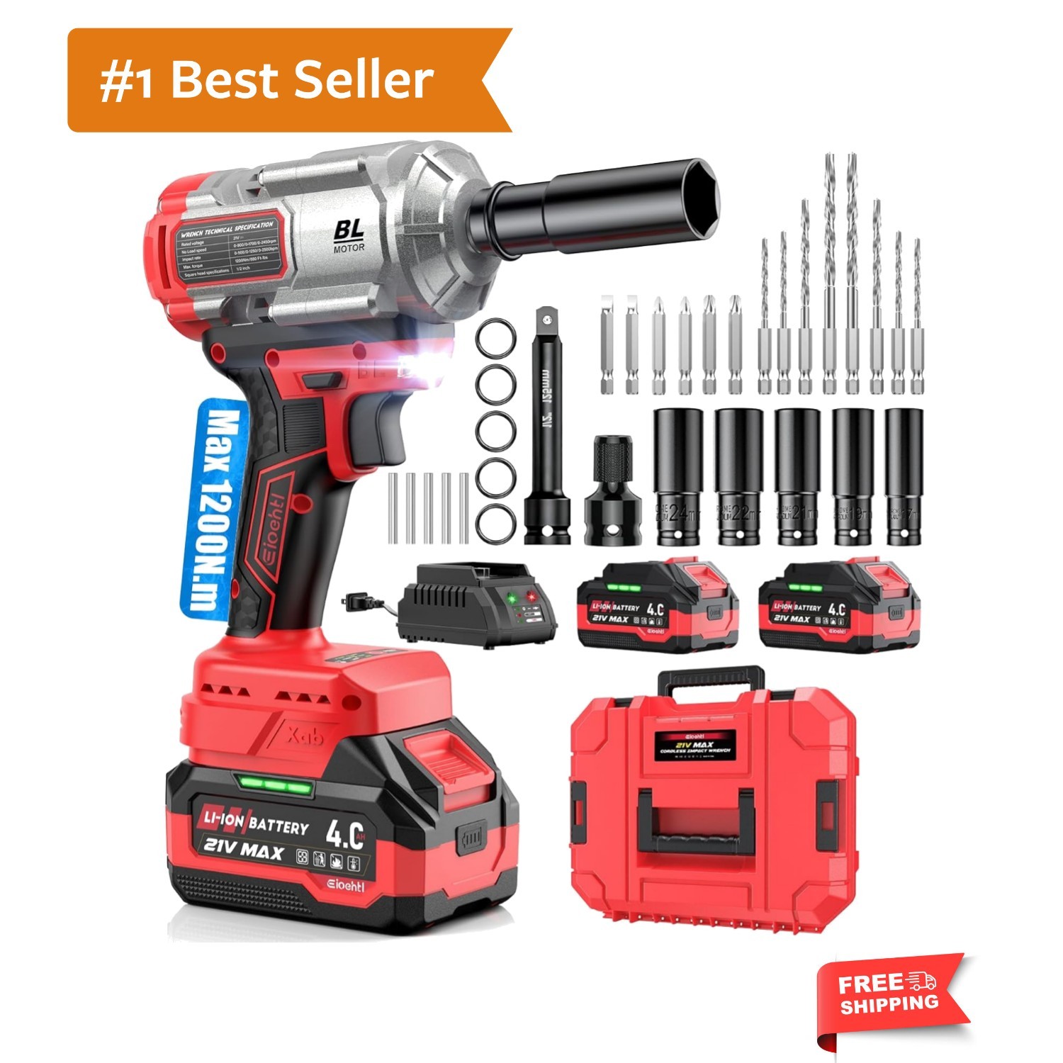 Cordless Impact Wrench 1200Nm, Impact Driver & Impact Drill 1/2&Prime; Brushless Po…