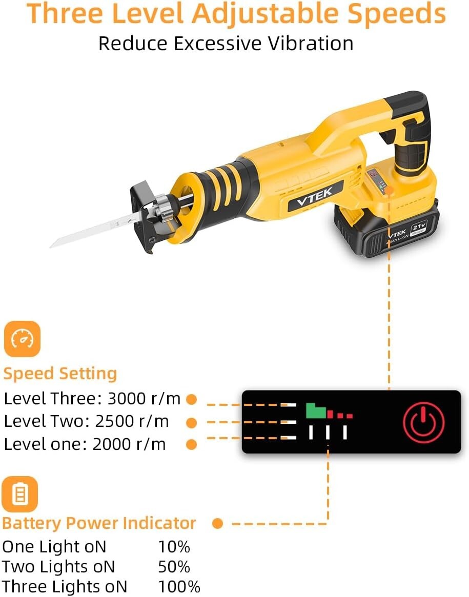 VTEK Brushless Cordless Reciprocating Saw,3 Level Speed Setting 0-3000RPM
