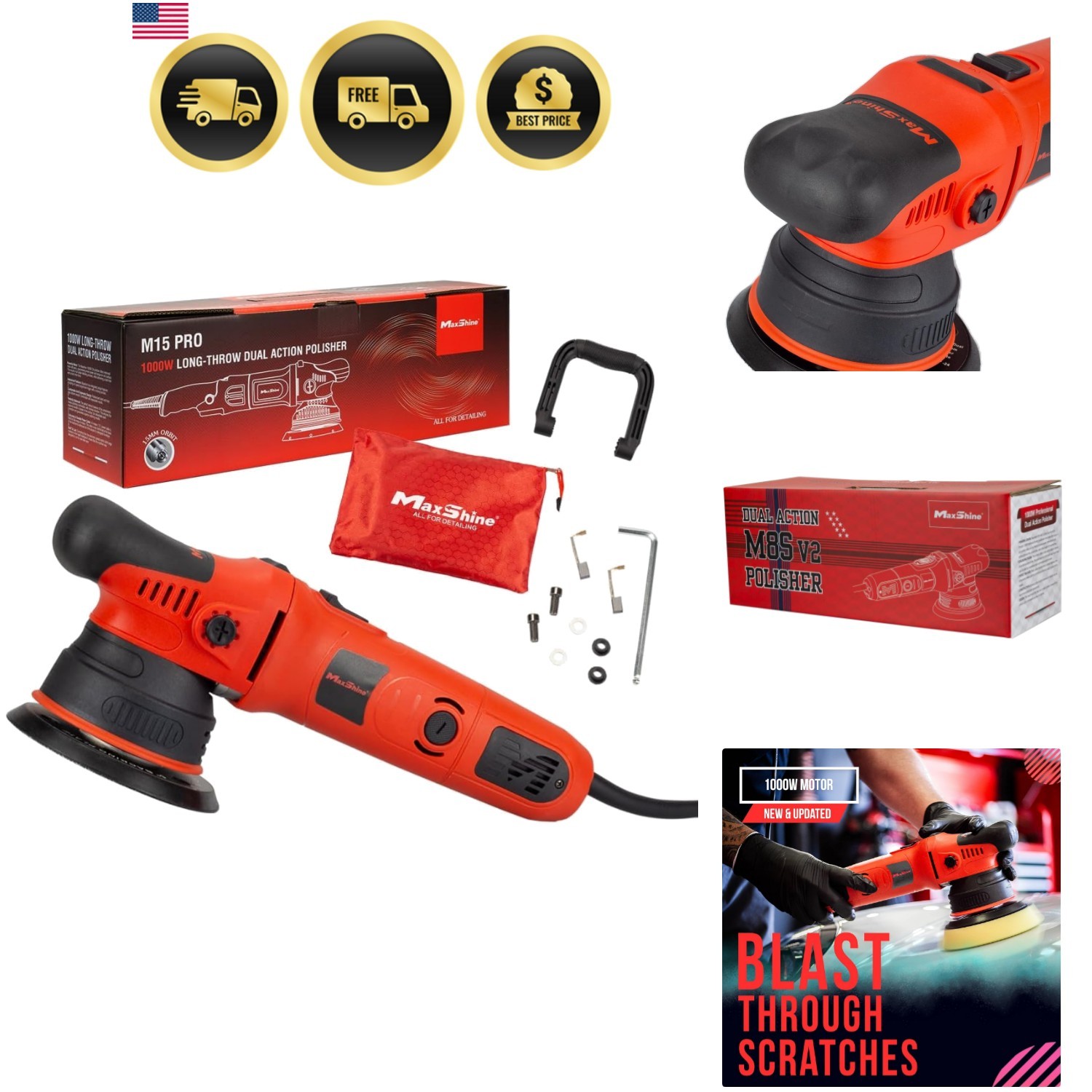 Dual Action Polisher Car Detailing Kit 1000W 6-Speed 5 Disk Auto Paint Protec…