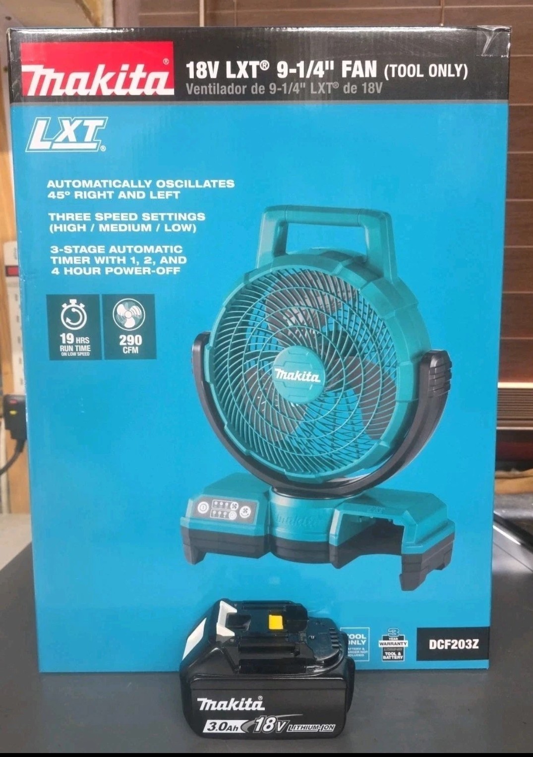 Makita DCF203Z 18 Volt 9 1/4” Oscillating Fan With Makita BL1830B 3Ah Battery
