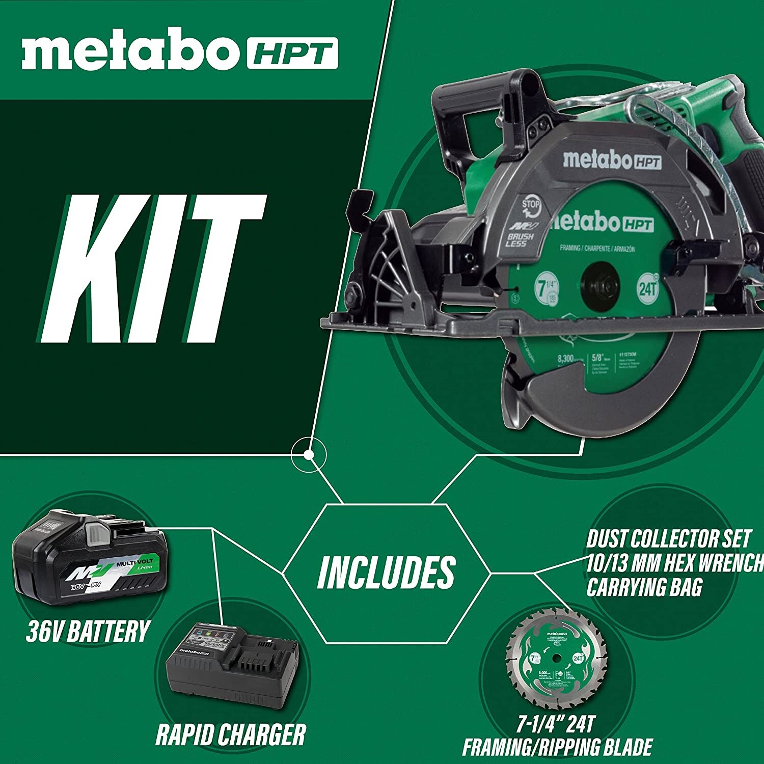 Metabo HPT 36V MultiVolt Cordless Rear Handle Circular Saw Kit | Optional AC