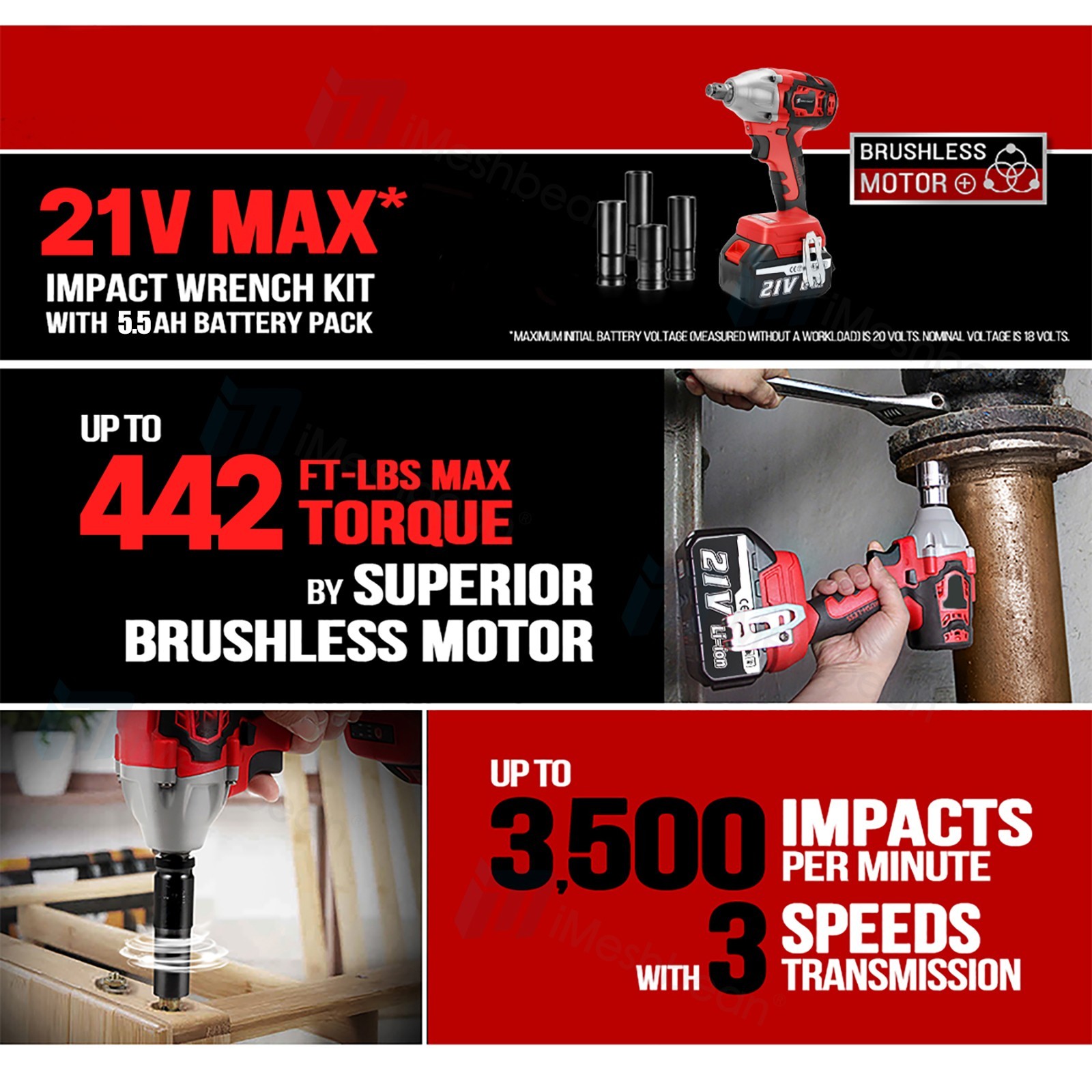 600Nm Cordless Electric Impact Wrench Gun Power Drill Kit 1/2 » Driver 2 Battery