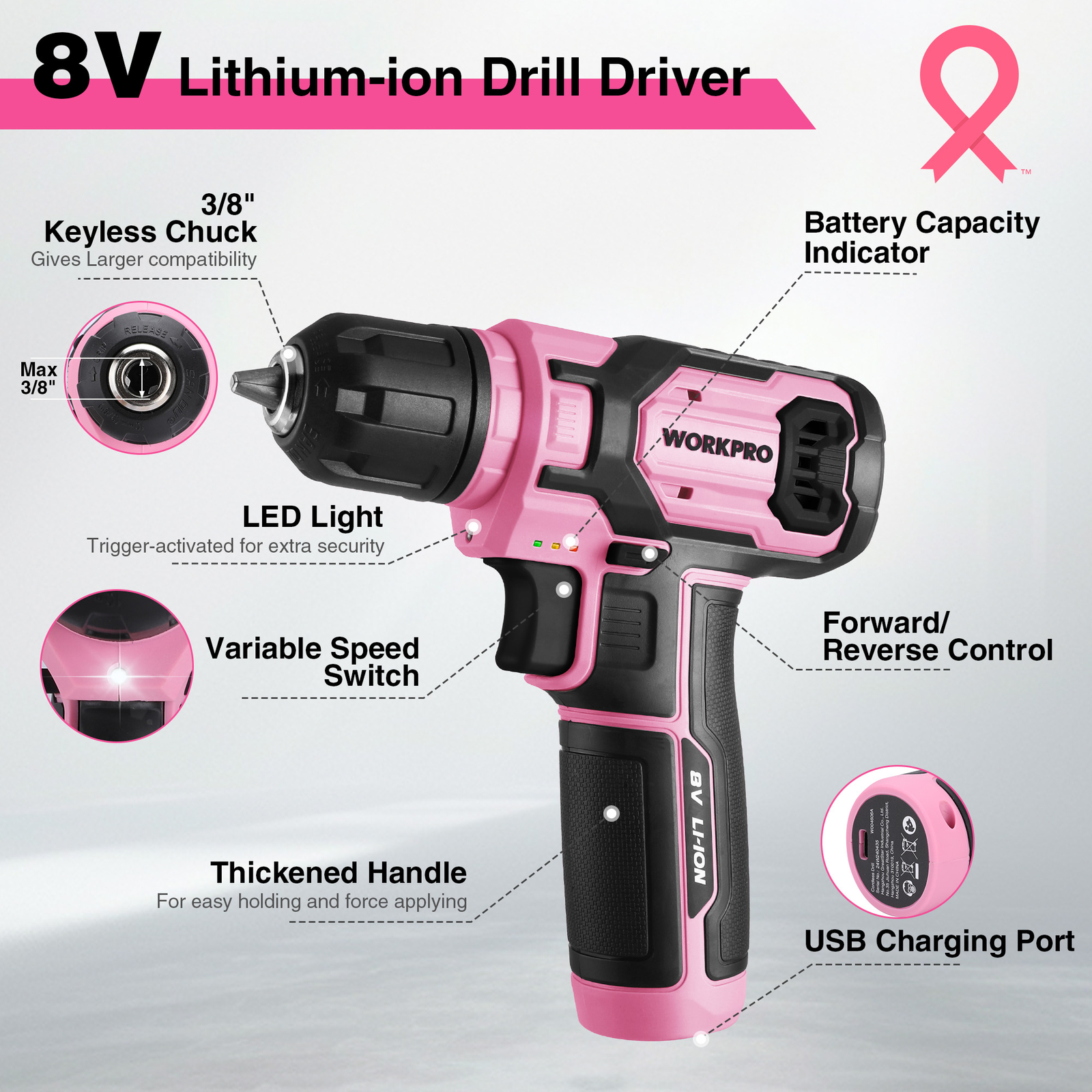 WORKPRO Pink Power Drill 8V Cordless Drill Kit with 53pcs Bit Set 2.0Ah Battery