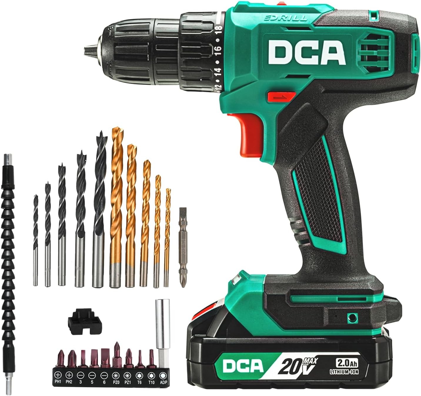 DCA 20V Cordless Drill Driver Kit 2.0A Battery 3/8 » Keyless Chuck 25Pcs Acces
