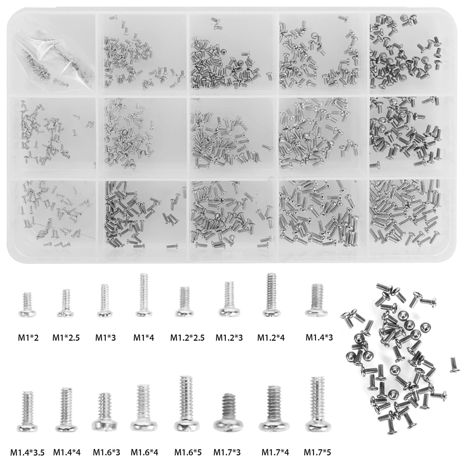 HanTof 800pcs Tiny Screws for Electronics, M1 M1.2 M1.4 M1.6 M1.7, Silver