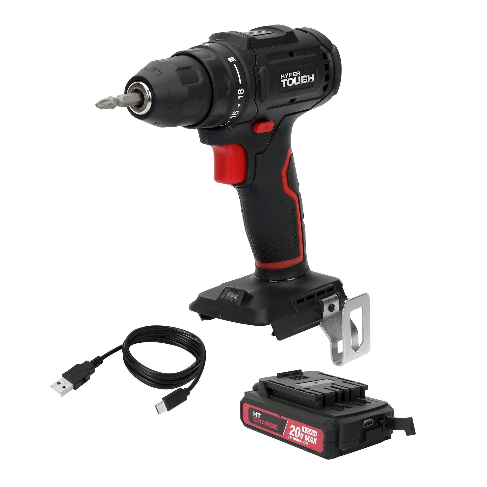 Hyper Tough 20V Brushless Cordless Drill with 1.5Ah Battery and Charger
