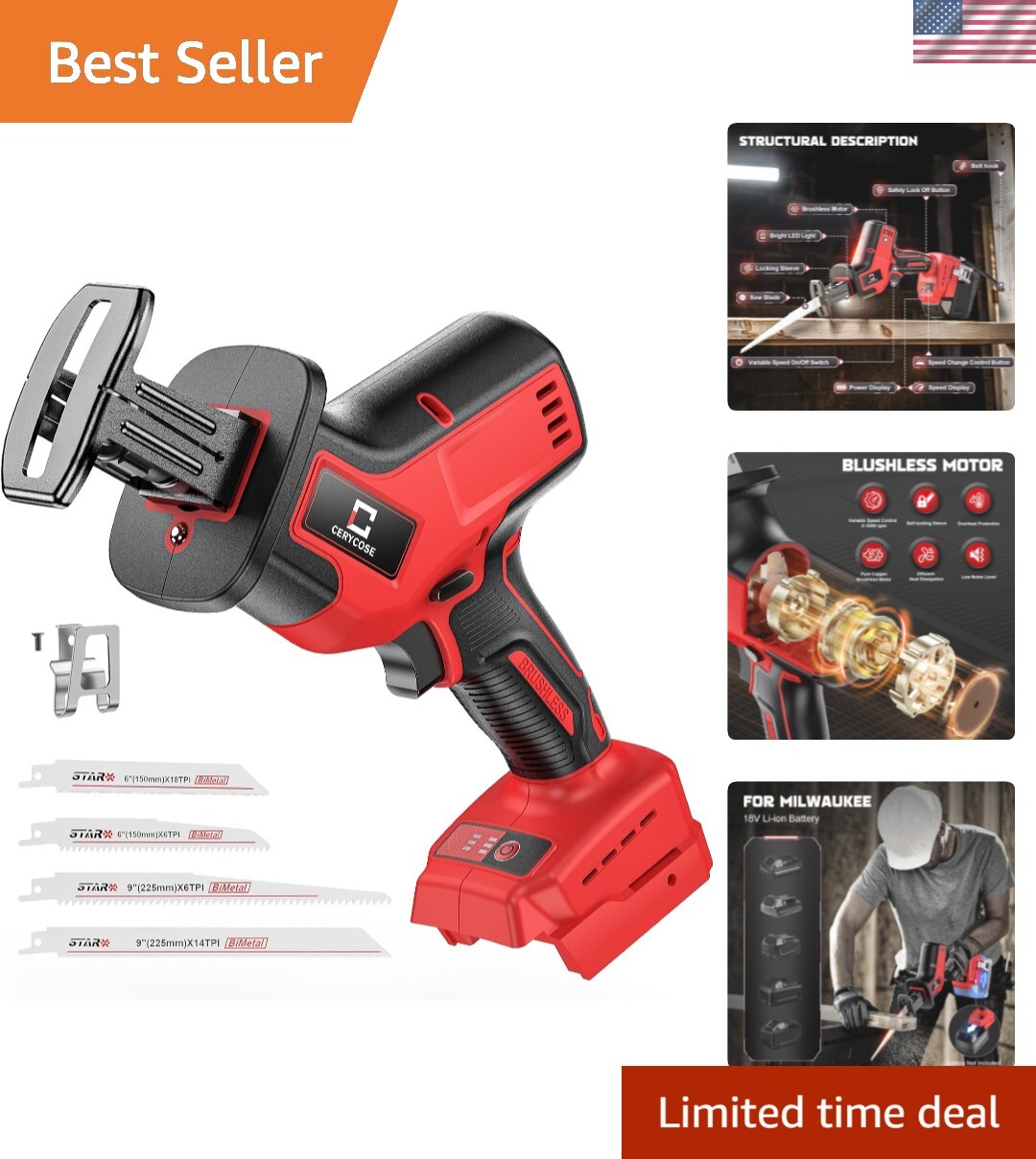 Lightweight Brushless Reciprocating Saw for Wood, Metal & PVC Cutting – Cerycose