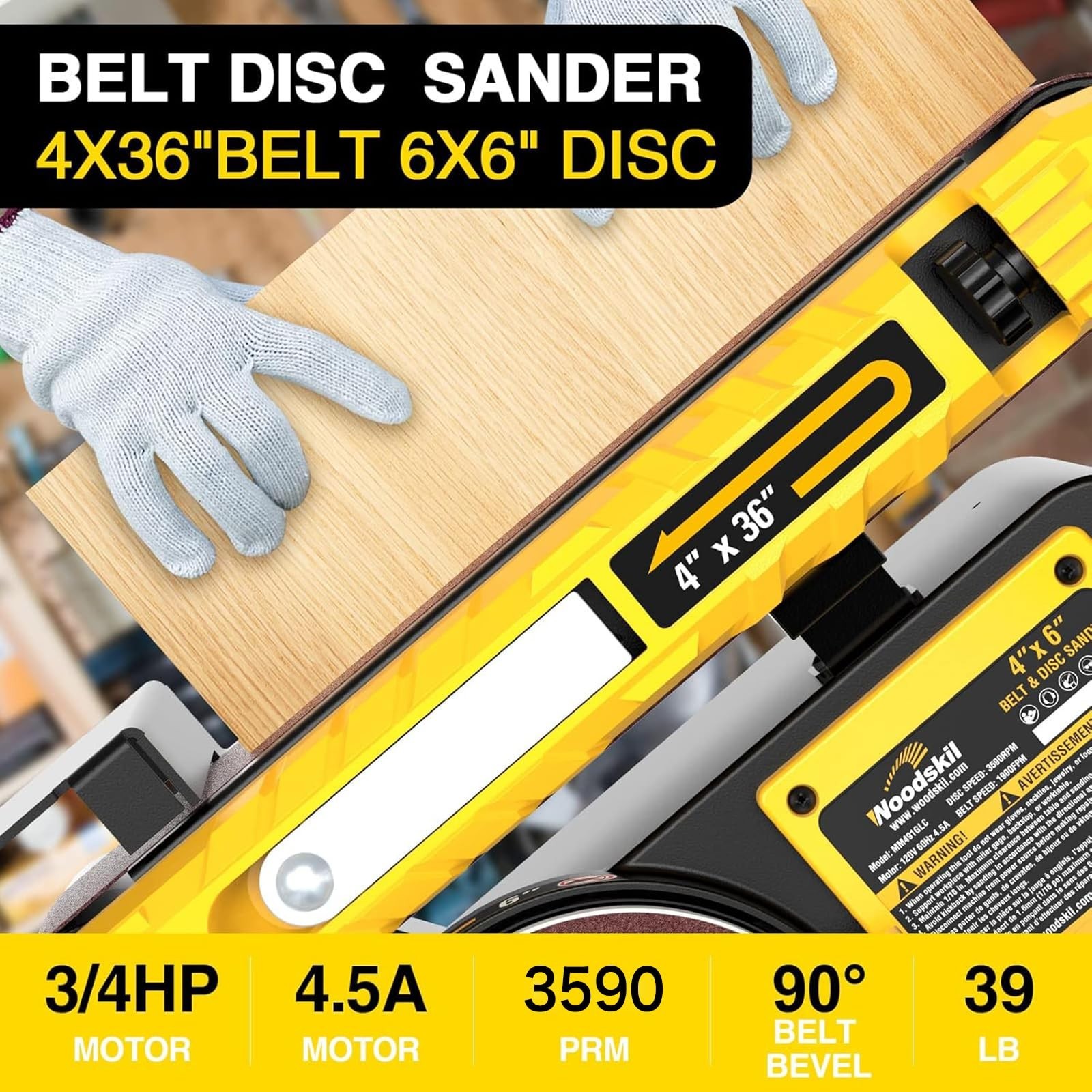 4.5A Belt Disc Sander Combo for Woodworking | 4×36&Prime; Belt, 6&Prime; Disc, 3/4HP, Quick