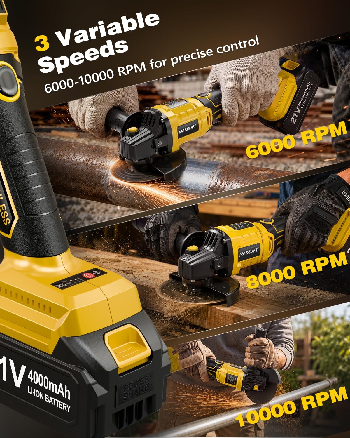 Cordless Angle Grinder, 4-1/2&Prime; 10000RPM Cut Off Tool with 2×4.0Ah Batteries |