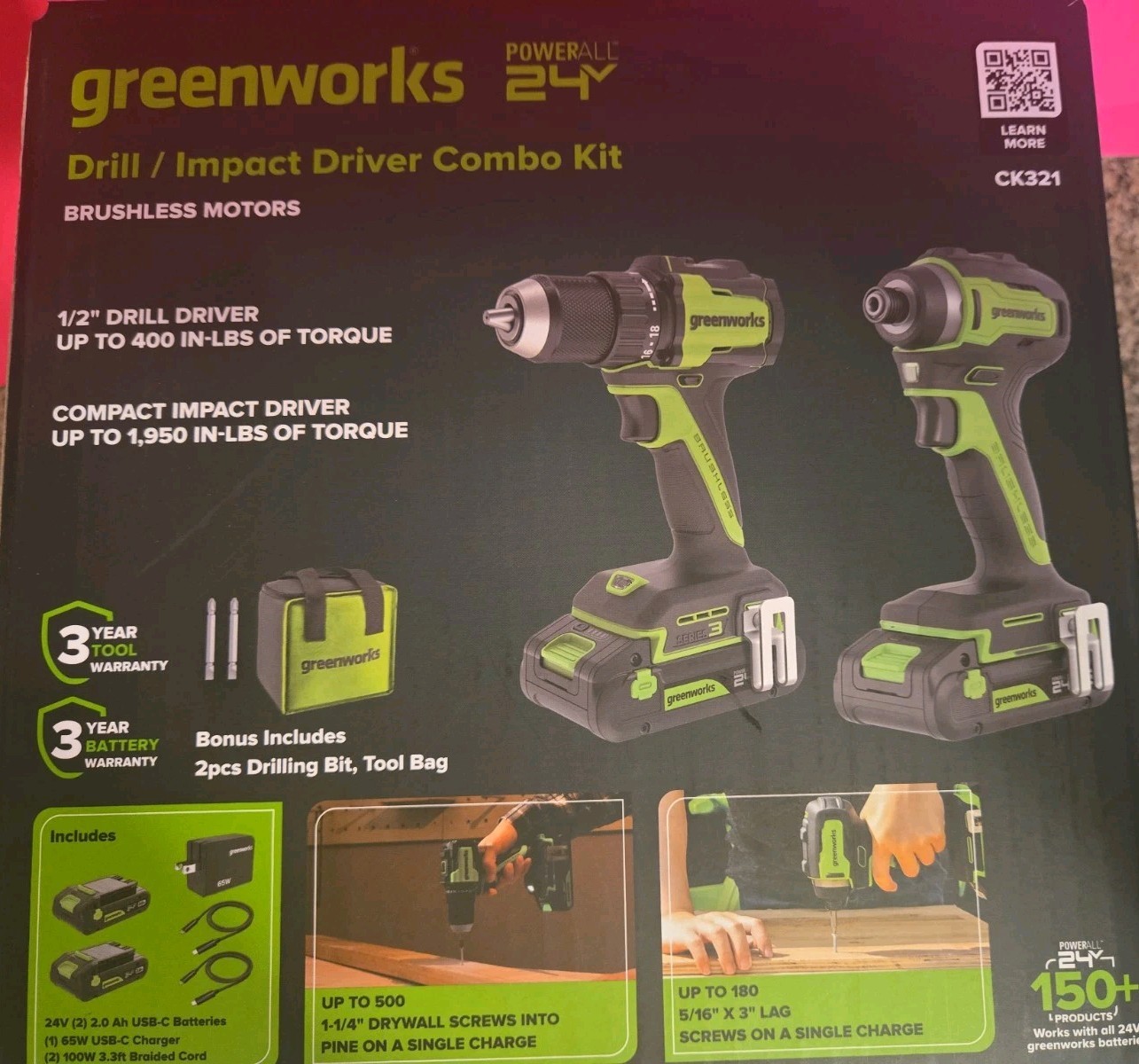 Greenworks 24V DRILL/IMPACT DRIVER COMBO KIT CK321 – NEW IN BOX