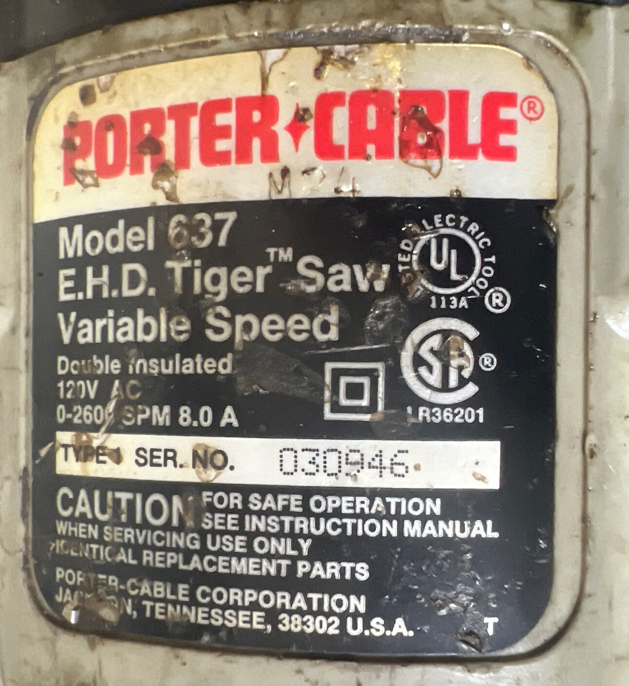 Porter Cable EHD Tiger Saw Model 637 W/ Case Used Surplus. No Blade