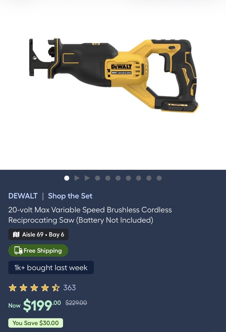 DeWalt DCS382B 20V MAX XR Brushless Cordless Reciprocating Saw, Tool Only