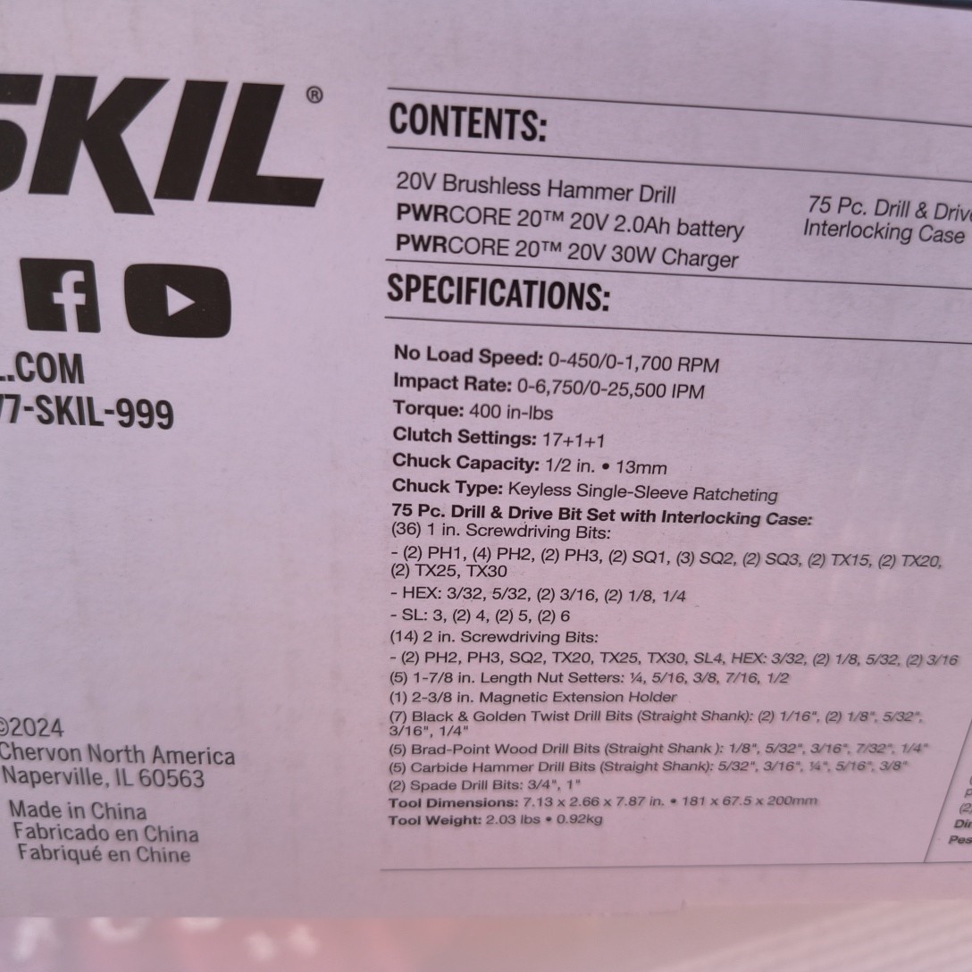 Skil 20V Brushless Cordless Hammer Drill Set With 75 Piece Bit Set Included