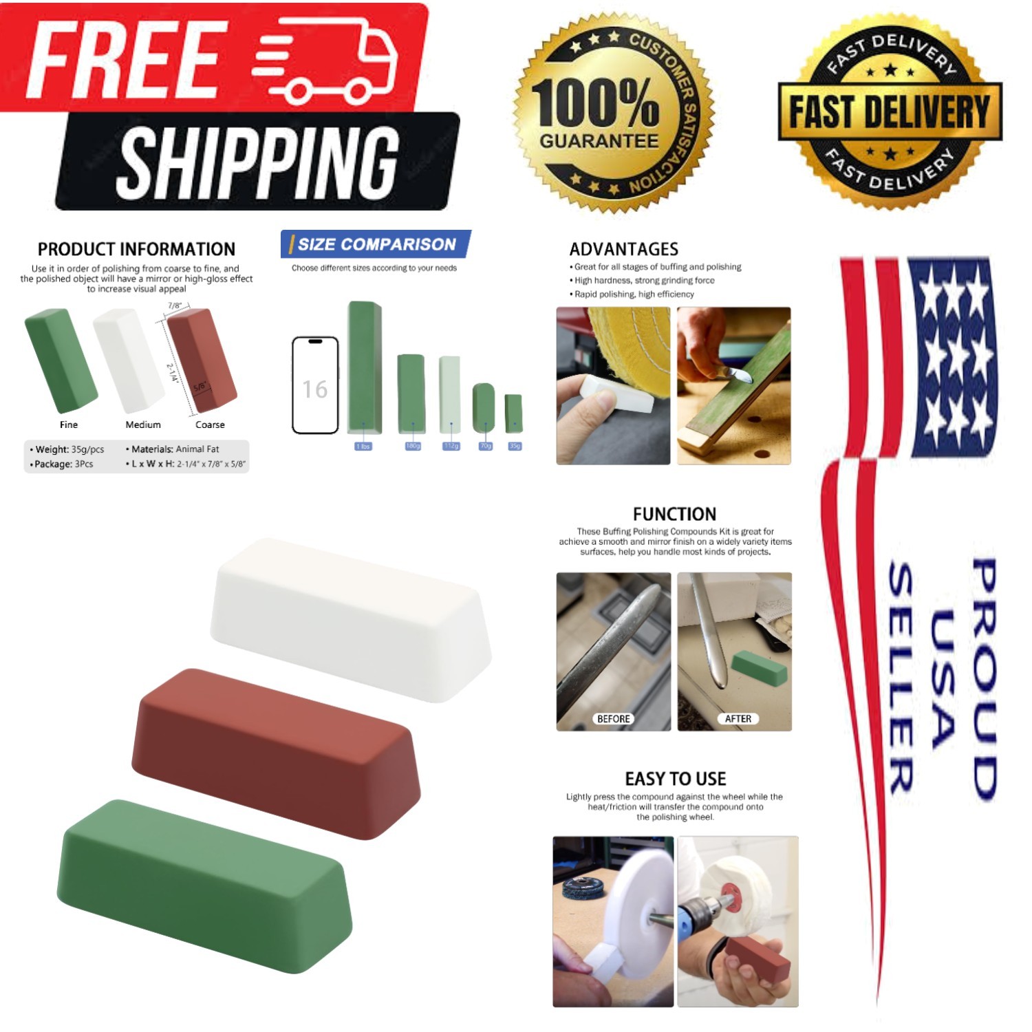 Professional 4 Oz Buffing & Polishing Compound Set – Green, White, Red Grits