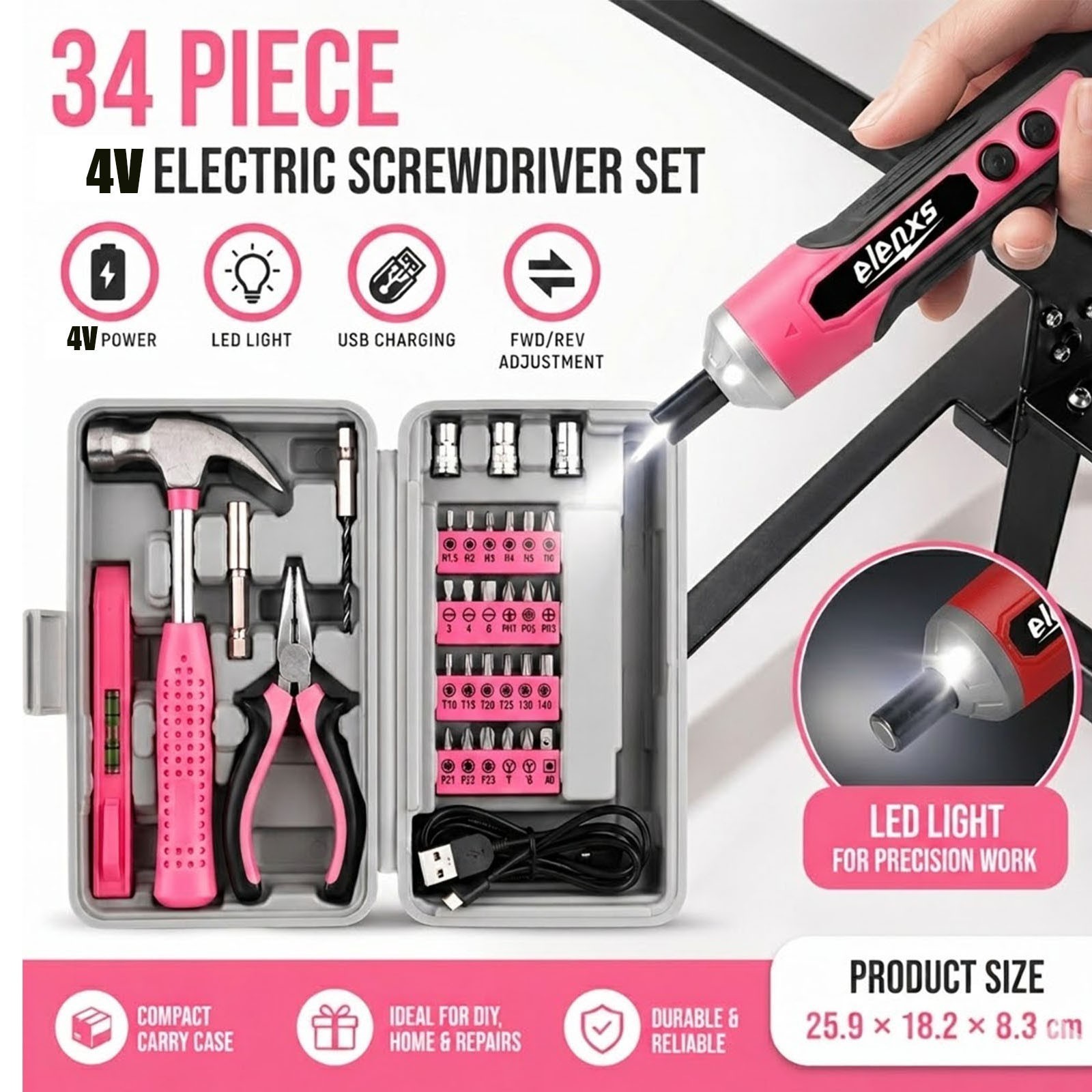 Pink 4V Cordless Electric Screwdriver Set 34PCS USB Rechargeable DIY Tool Kit