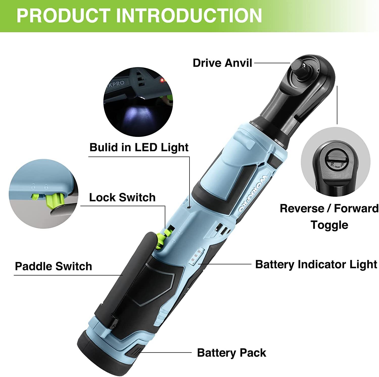 WORKPRO Cordless Electric Ratchet Wrench 3/8&Prime; 12V 40 Ft-lbs Ratchet Wrench Kits