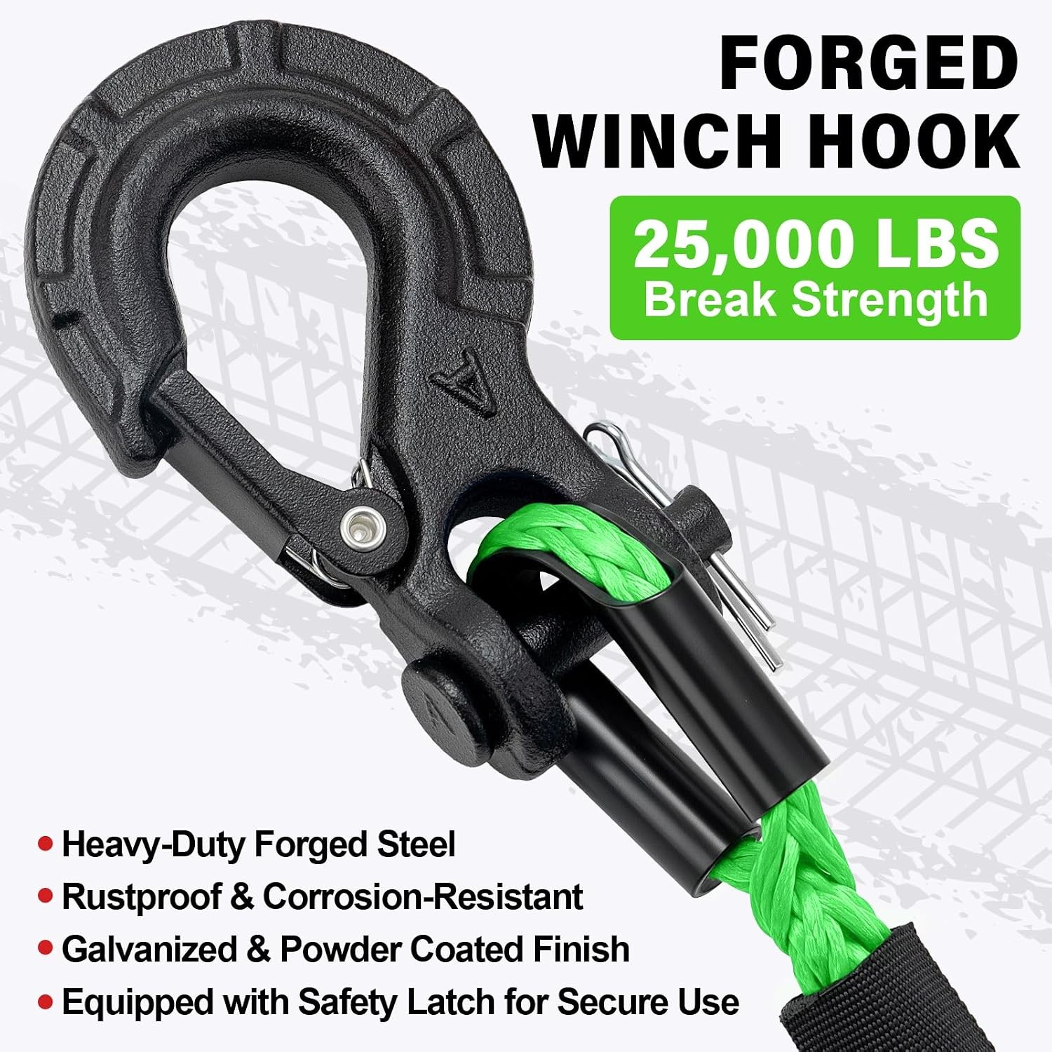 Synthetic Winch Rope Kit 1/4&Prime; x 50&prime; 10000 lb Green Kinetic Recovery Cable ATV