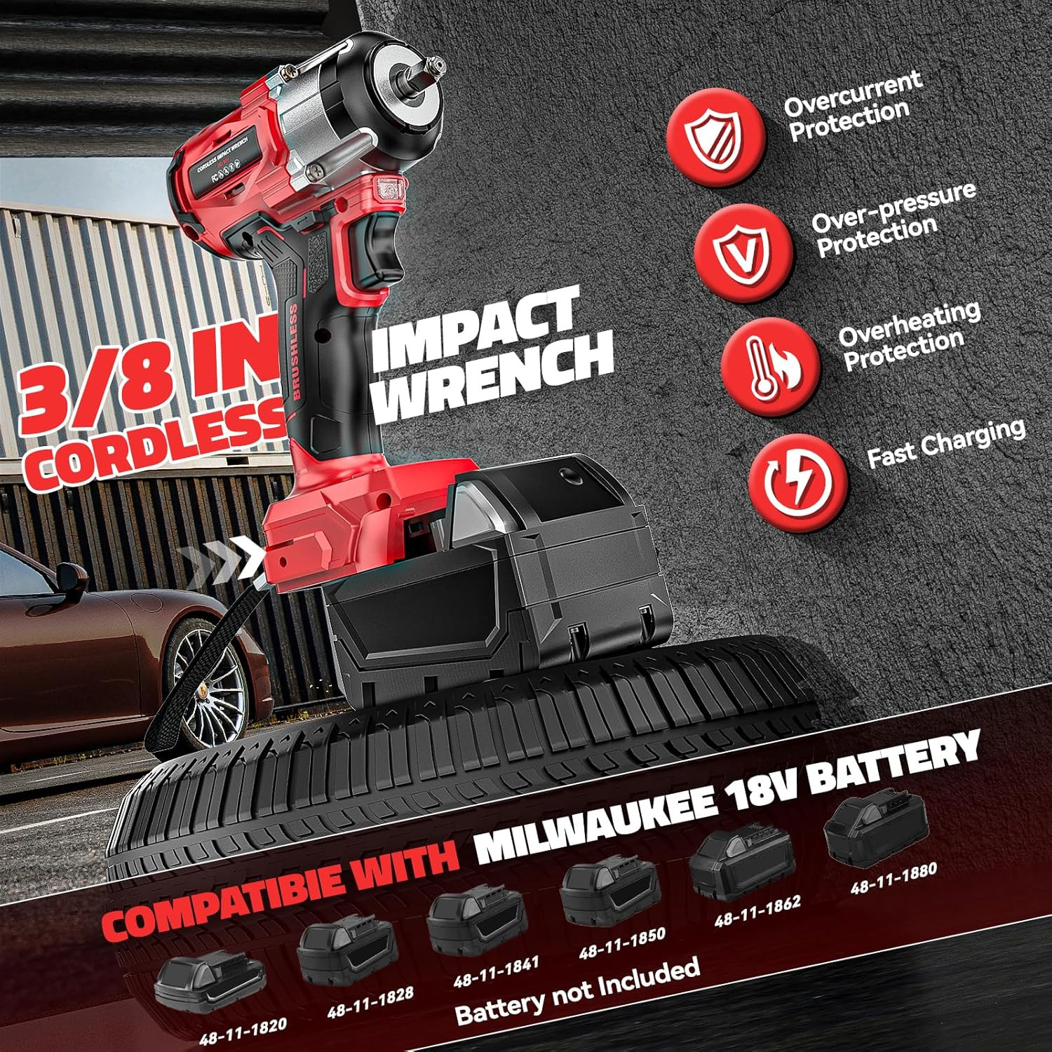 Cordless Impact Wrench Compatible with Milwaukee 18V Battery: 250Ft-Lbs(340N.M)
