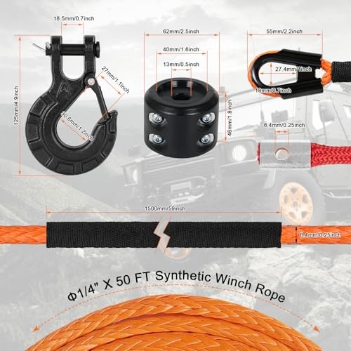 Synthetic Winch Rope,1/4&Prime; x 50 ft 10000Lbs Winch Rope Line, Synthetic Winch