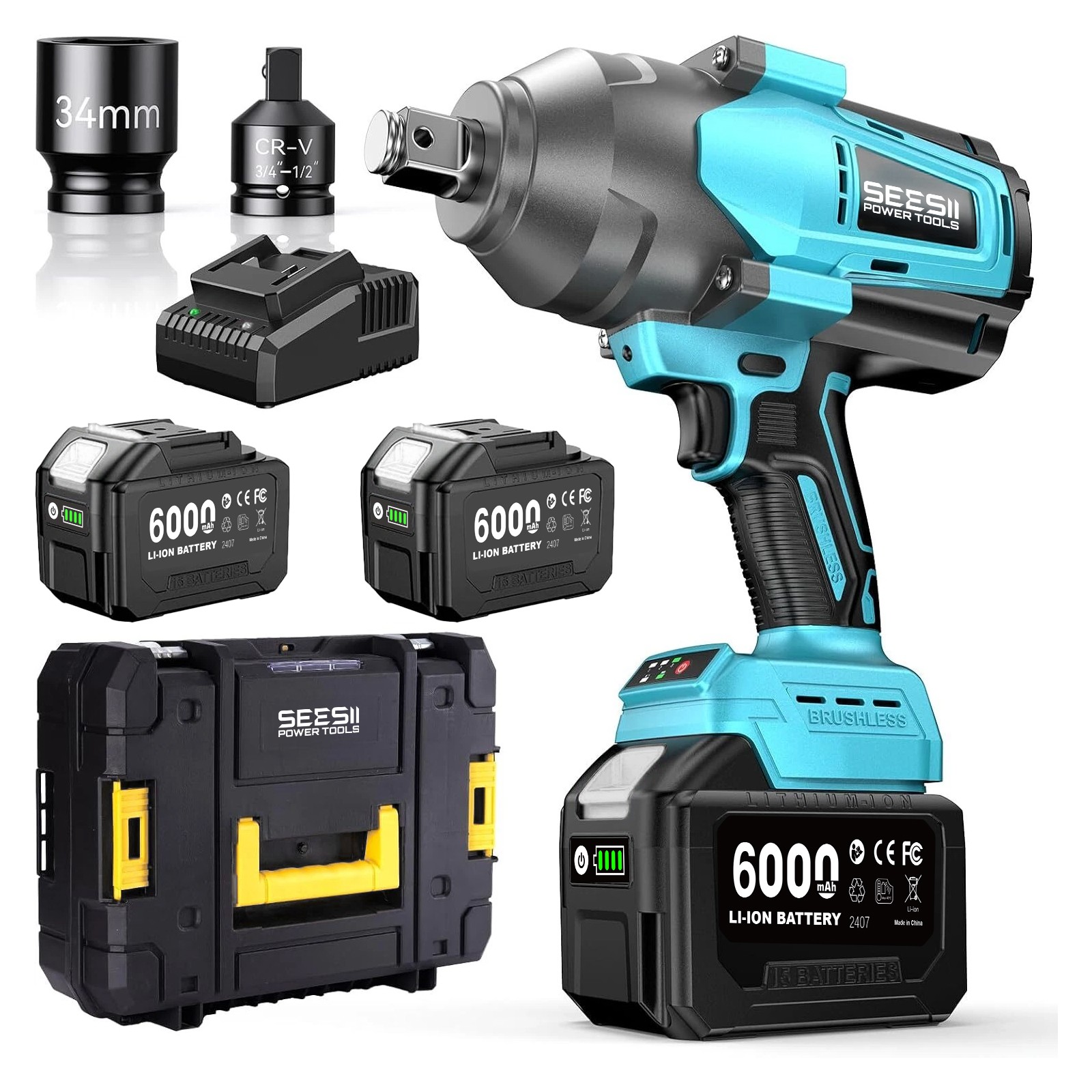 2000NM Impact Wrench 3/4&Prime; Electric Cordless Power Impact Gun 2x 6.0AH Battery
