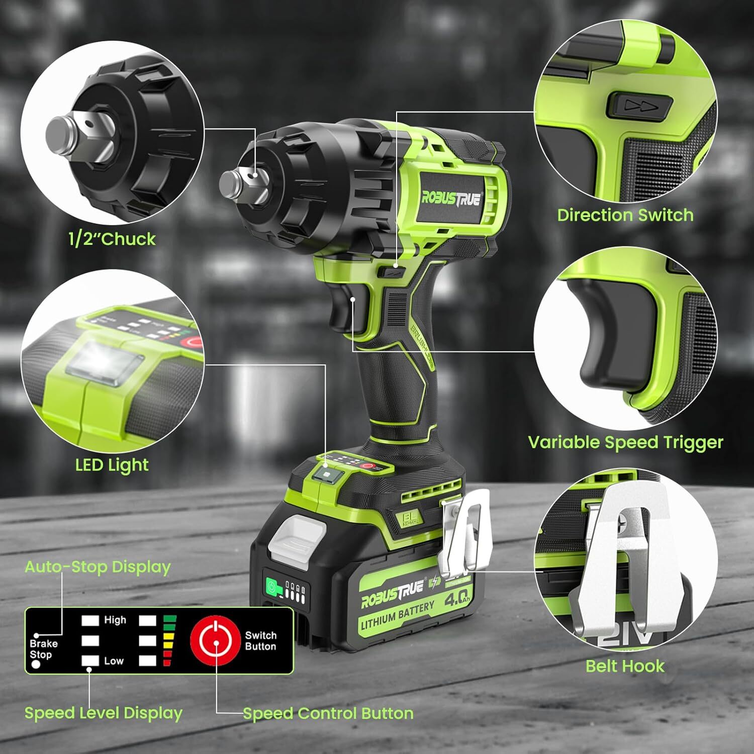 Cordless Impact Wrench 740Ft-lbs 1000N.m Brushless 1/2&Prime; 2×4.0Ah for Car Truck