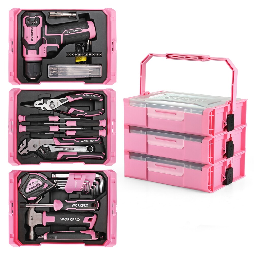 WORKPRO 8V Pink Cordless Drill Driver 43PCS Tool Set Lithium-ion Power Drill Bit