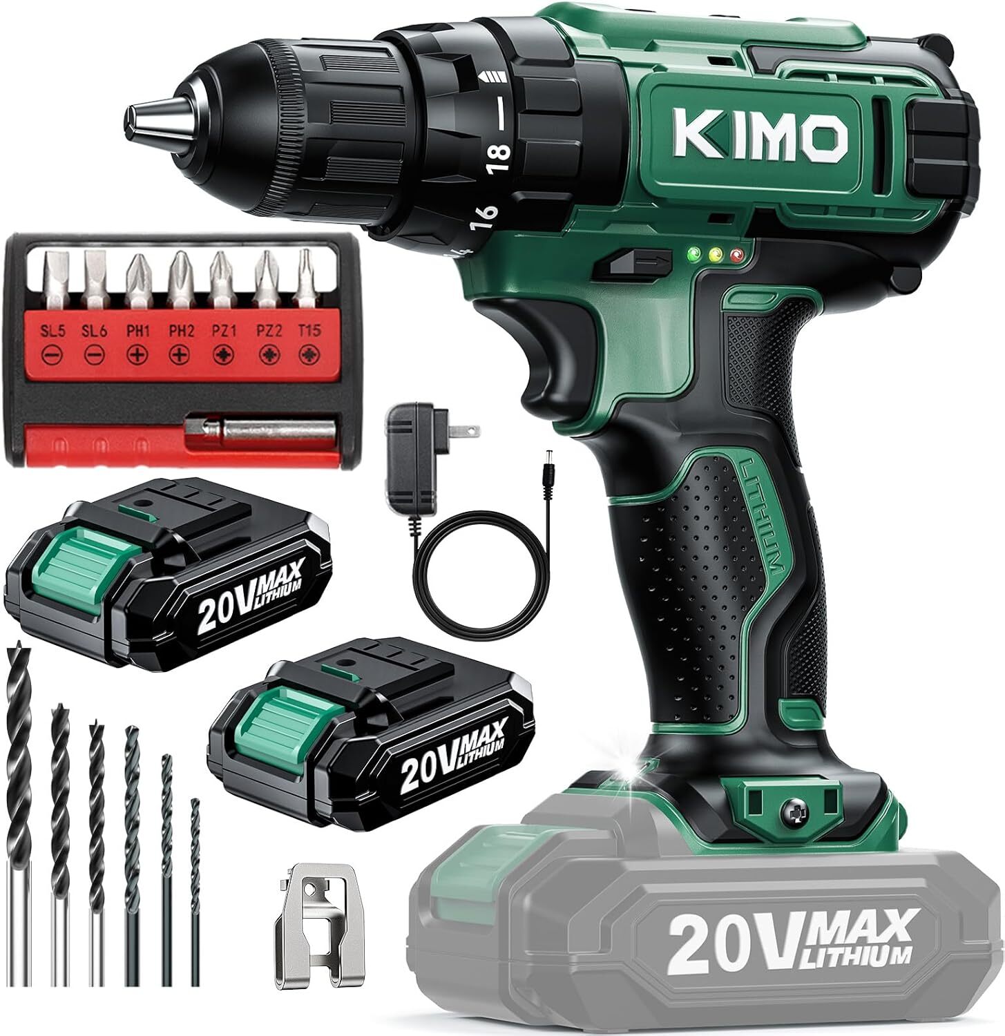 KIMO 20V Cordless Drill Set with 2 Batteries and Charger,18pcs Accessories,Green