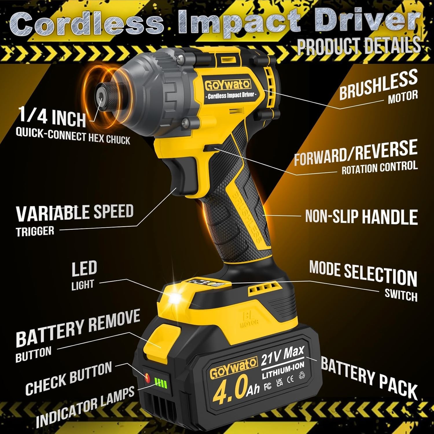 Cordless Impact Driver 2655In-lbs300N·m – 21V 1/4&Prime; Hex Chuck Brushless Hand I…