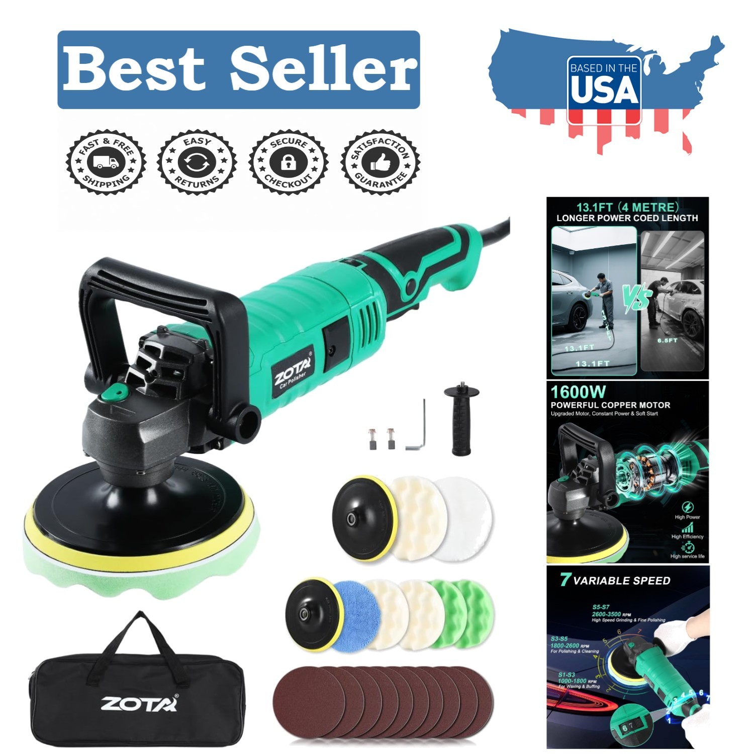 1600W Car Buffer Polisher Kit with 7 Variable Speeds & Long Cord – 6/7 Inch