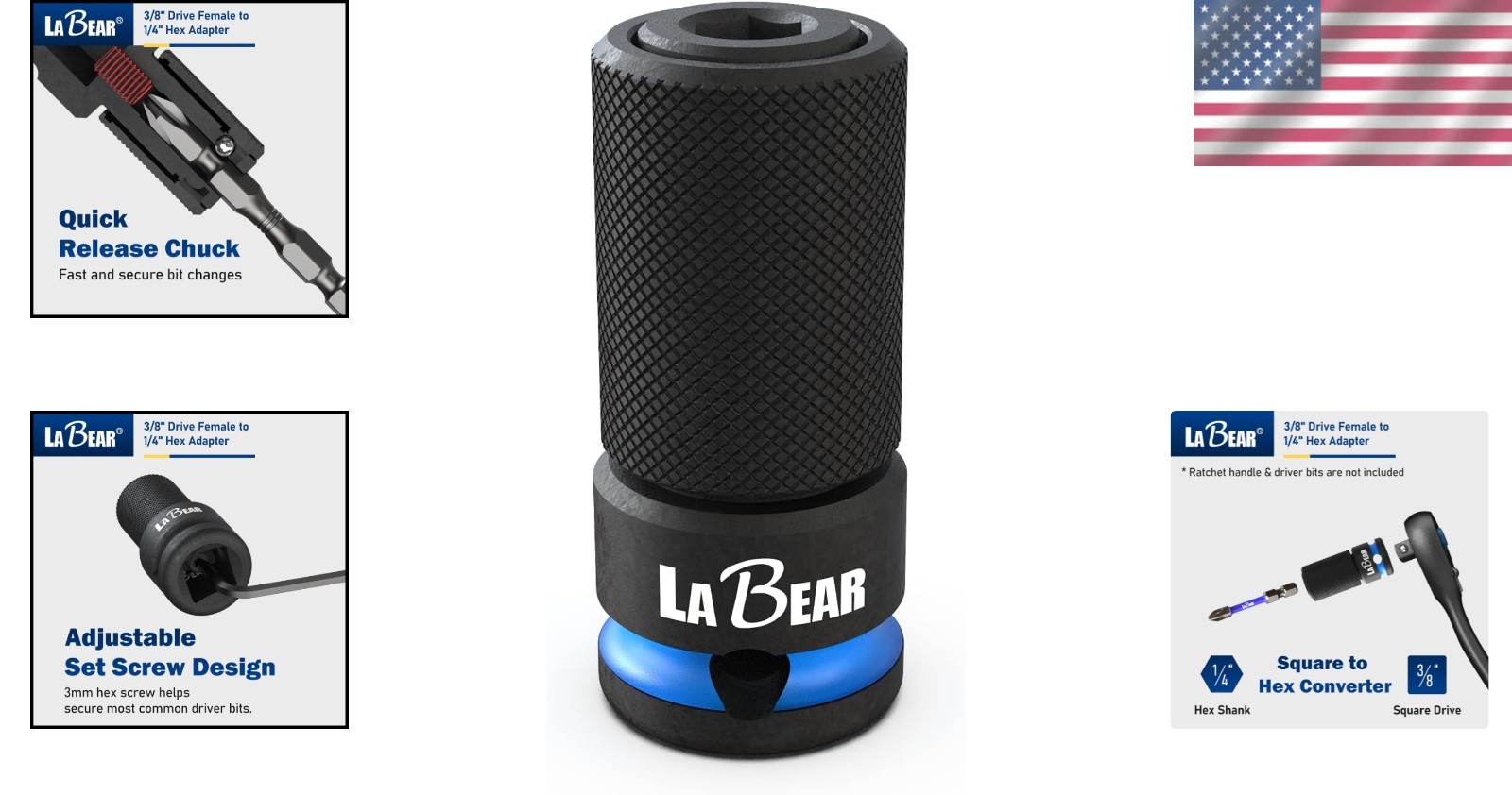 Highly Durable 3/8&Prime; Square Drive to 1/4&Prime; Hex Bit Adapter – Quick Release