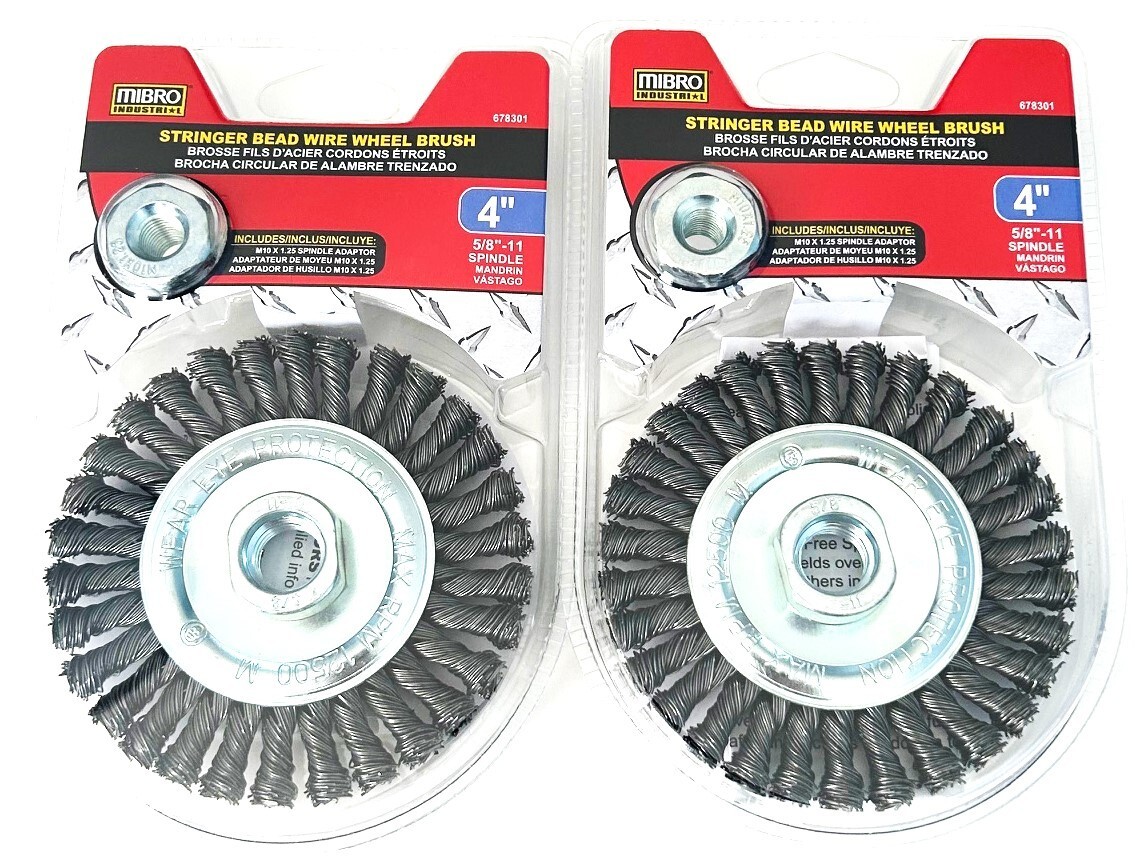 2 MIBRO 4&Prime; KNOTTED STRINGER BEAD WIRE WHEELS ANGLE GRINDER 5/8&Prime;-11 THREAD 678301