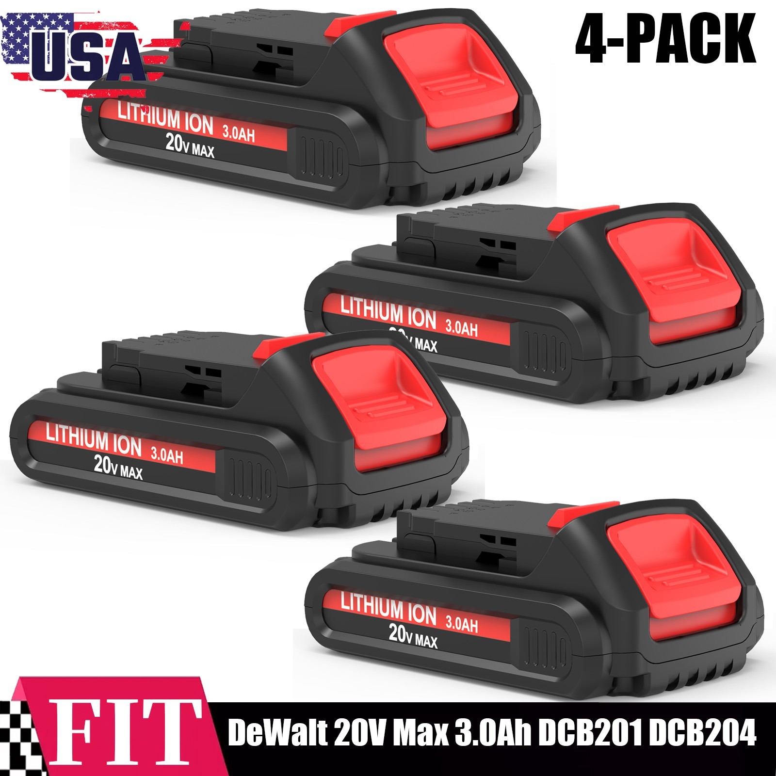 4-Pack 20V 3.0Ah Battery for Dewalt 20V Max Lithium DCB200 DCB201 DCB203 Replace