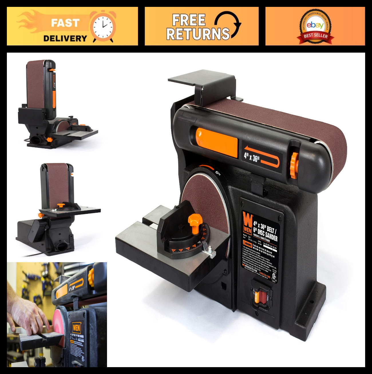 4×36 Belt & 6in Disc Sander, Benchtop with Cast Iron Base, Powerful Woodworking