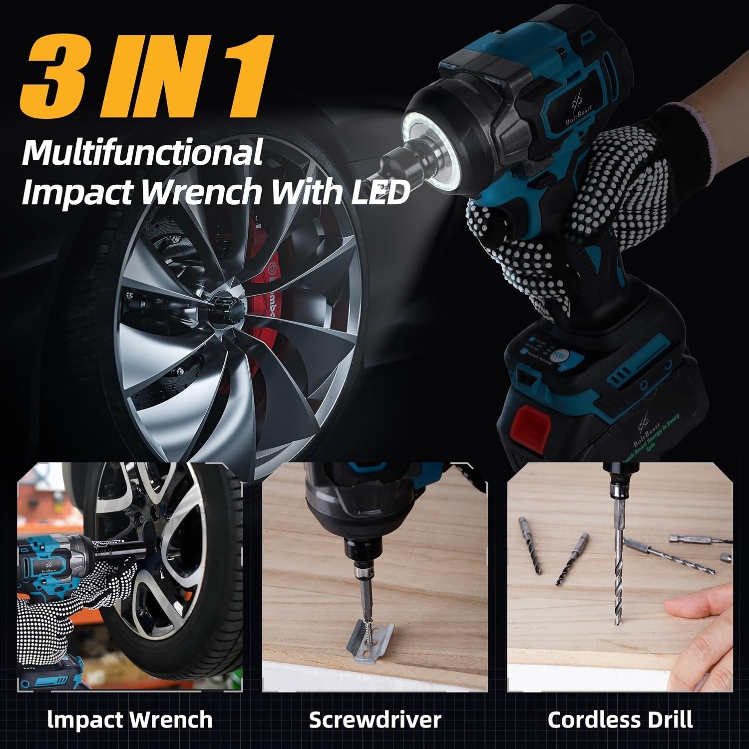 500Nm 1/2&Prime; Cordless Impact Wrench Brushless 21V 4000mAh 3500RPM 7 Sockets USA