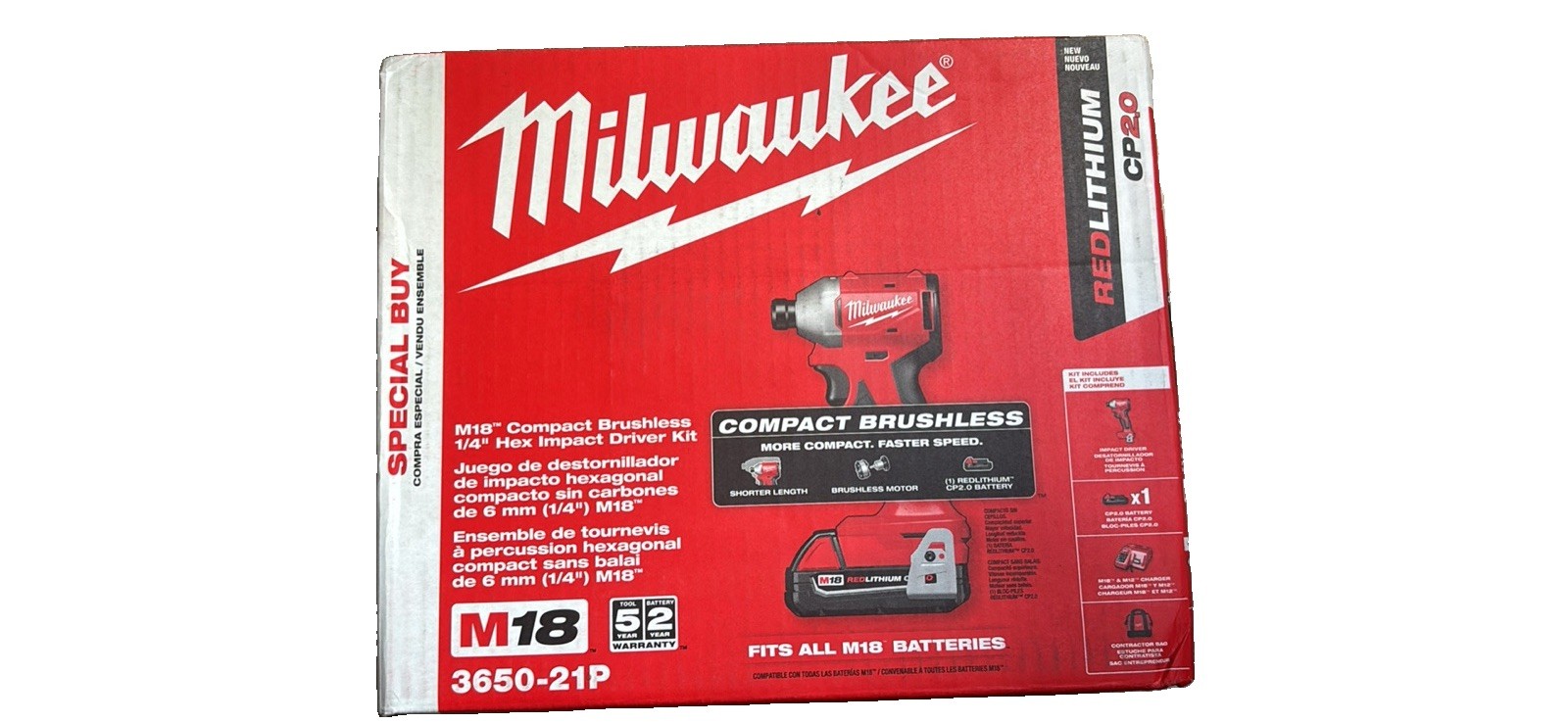Milwaukee M18 18V Li-Ion Brushless Compact 1/4 in Hex Impact Kit 3650-21P